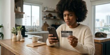 Persona revisando estados de cuenta de tarjeta de crédito con expresión preocupada frente a una computadora