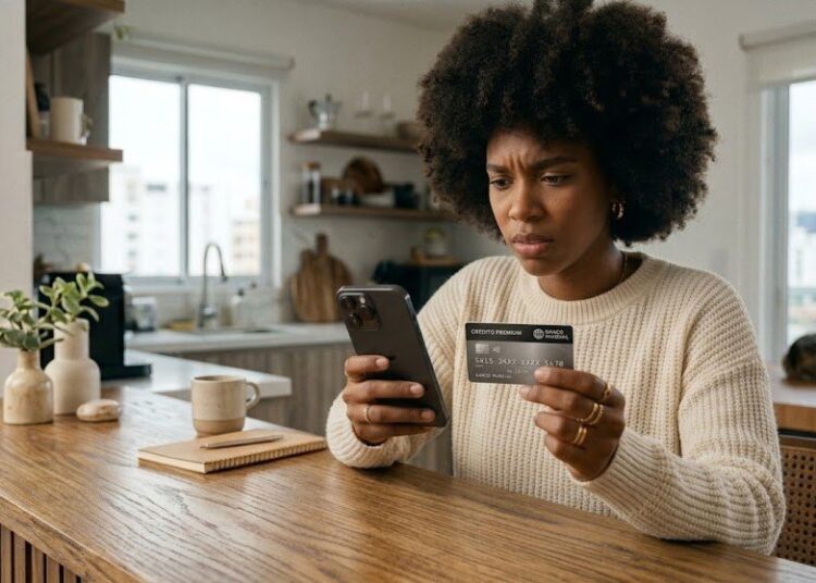 Persona revisando estados de cuenta de tarjeta de crédito con expresión preocupada frente a una computadora