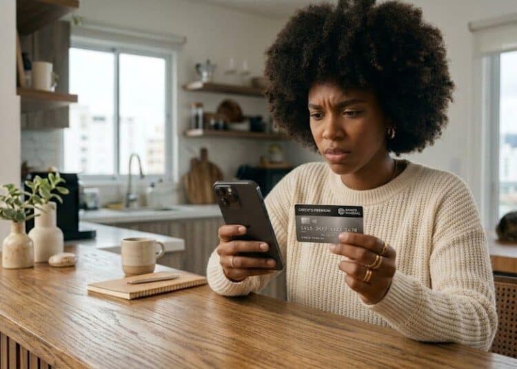 Persona revisando estados de cuenta de tarjeta de crédito con expresión preocupada frente a una computadora