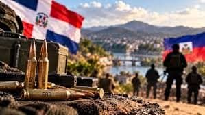 Soldados dominicanos en la frontera con Haití junto a una valla metálica, con vegetación al fondo