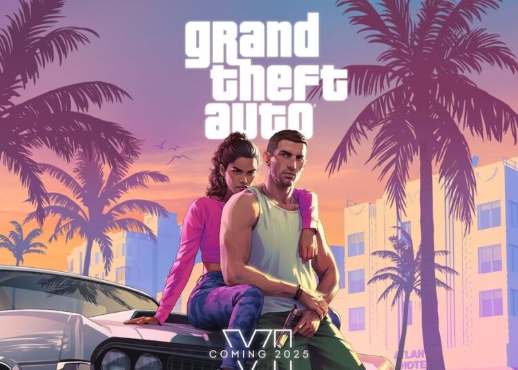 Portada oficial de GTA 6 con los personajes Jason y Lucía en el fondo de Vice City