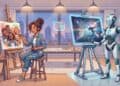 Artista pintando a mano en un taller mientras una pantalla muestra imágenes generadas por inteligencia artificial