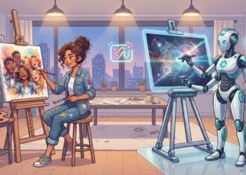 Artista pintando a mano en un taller mientras una pantalla muestra imágenes generadas por inteligencia artificial