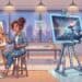 Artista pintando a mano en un taller mientras una pantalla muestra imágenes generadas por inteligencia artificial