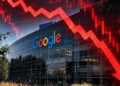 Pantalla con el logo de Alphabet y gráfica de caída en el precio de sus acciones en Wall Street
