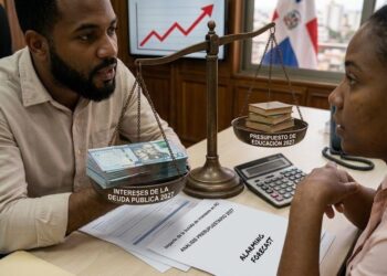 Sede del Ministerio de Hacienda de República Dominicana con documentos de presupuesto sobre una mesa