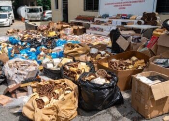 Agentes del Ceccom junto a cajas de cigarros premium y botellas de mamajuana incautadas en Higüey, provincia La Altagracia