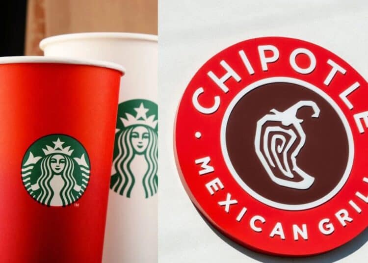 Logo de Starbucks y Chipotle Mexican Grill en fachadas de restaurantes en Estados Unidos